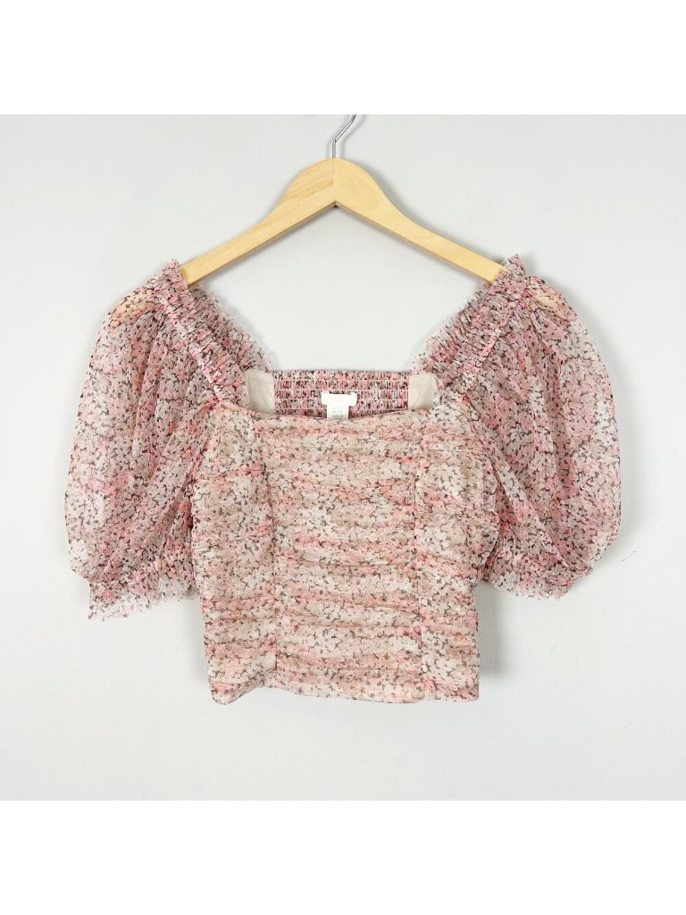 H&M Floral Crop Top Sheer Puff Sleeve Boho Cottage Coquette Size XXS Women's